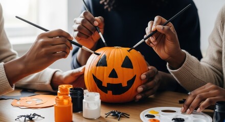 Happy black family getting ready to celebrate Halloween. Close-up of african american hands using brushes and paints to paint a pumpkin in Halloween style.