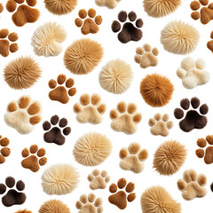 Paws and fur in browns and creams scattered on a black background