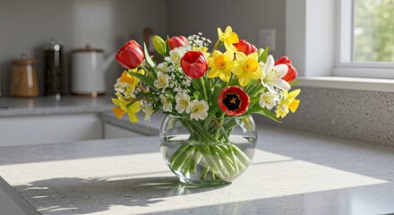 Vibrant floral arrangement in glass vase overhead sunlight copy space