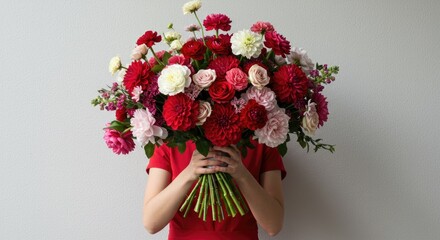 Vibrant floral bouquet held against neutral background copy space