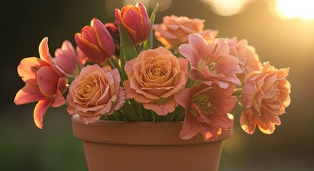 Vibrant flower arrangement with roses and tulips in a terracotta pot