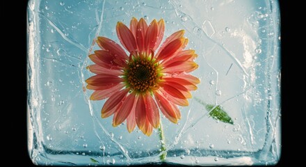 Vibrant flower encased in ice block on black background conceptual art