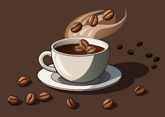 Obraz premium Steaming cup of coffee with scattered beans