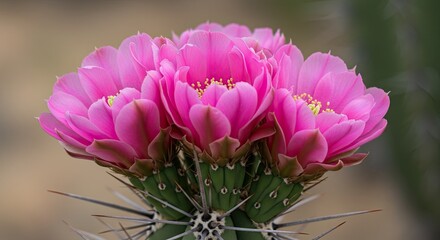 Vibrant pink cactus flowers blooming in sunlight against a blurred background