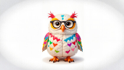 Colorful cartoon owl wearing glasses with a cute expression on a light background