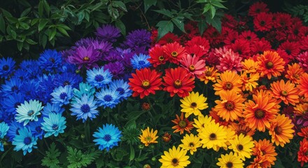 Vibrant rainbow spectrum of flowers blooming in a garden landscape