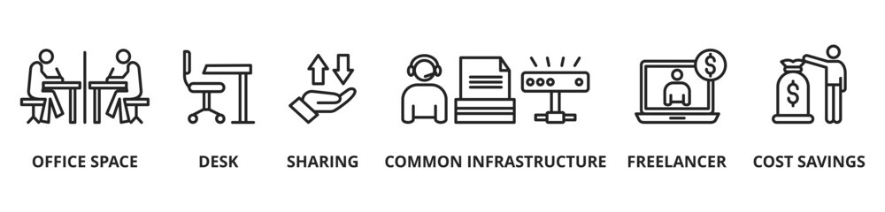 coworking concept with icons. Coworking is an arrangement in which several workers from different companies share an office space