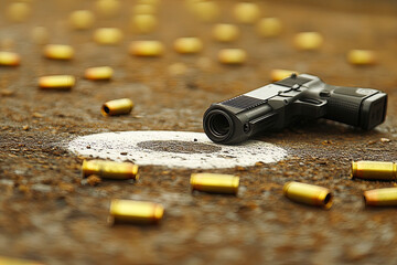 Obraz premium Crime scene : A handgun lies ominously at the center of the crime scene amidst scattered bullet casings, suggesting a tale of violence.