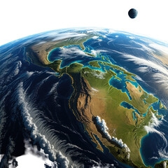 Earth view from space. North America visible. Moon in background