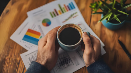 A man holding a cup of coffee while reviewing a pivot table.