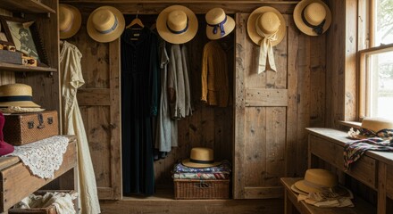 Vintage hat collection in a rustic closet with wooden doors and shelves