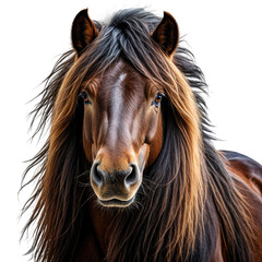 Chestnut horse with long, flowing mane against a black background