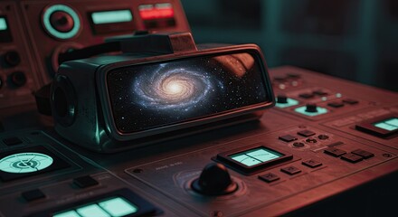 Virtual reality headset displaying galaxy on control panel with buttons and switches
