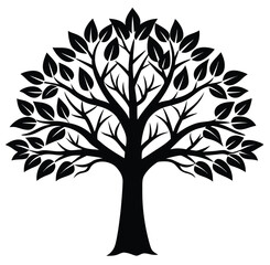 Fototapeta premium A minimalistic black silhouette of a tree's upper crown and branches with leaves, featuring a dense, graphic style against a white background.