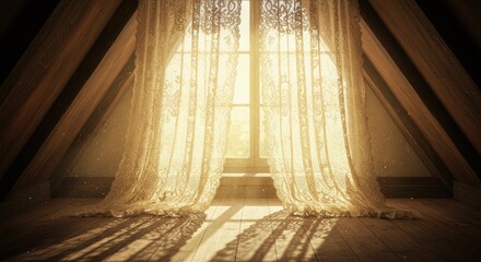 Warm sunlight streams through attic window with delicate lace curtains