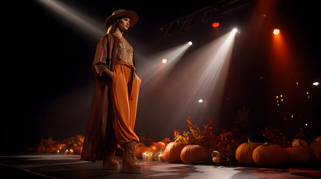 Female model walking the runway at a fashion show. Stylish video representing the autumn and winter collection