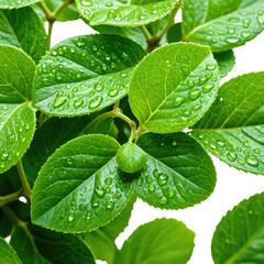 Lush green leaves covered in tiny droplets, crisp and refreshing image