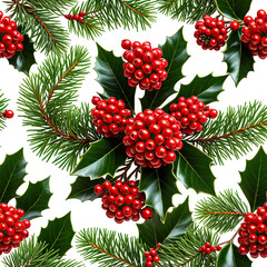 Greenery seamless pattern with sprigs and holly berries over black