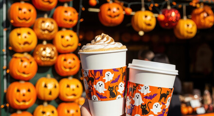 Coffee, hot chocolate, what decorated with whipped cream, decorative pumpkins, spider, ghosts. Halloween drink	