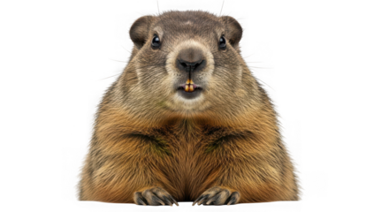 Closeup of a groundhog isolated on transparent background looking at the camera