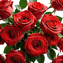 Lush arrangement of vibrant red roses with fresh green leaves