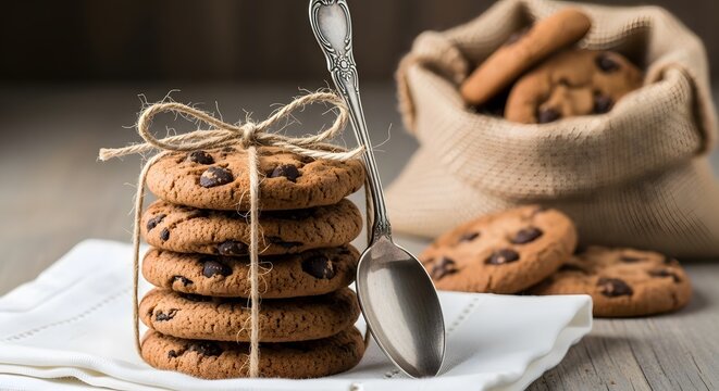 A rustic stack of freshly baked chocolate chip cookies tied with twine, with a vintage spoon and a burlap sack.