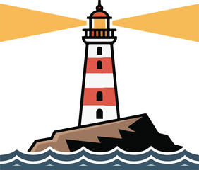 Vibrant lighthouse illustration with light beams shining over the ocean waves