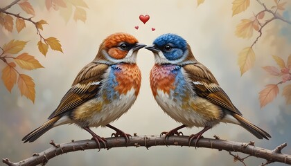 beautiful blue robin birds, love birds on a branch art gray background,