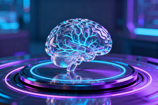 Transparent brain model with glowing neural pathways