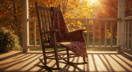 Wooden rocking chair with blanket on porch in autumn sunlight