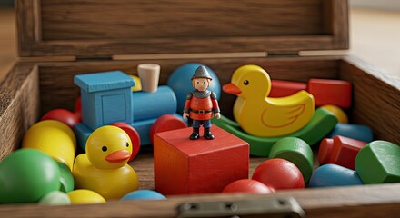 Wooden toy chest filled with colorful toy train duck and blocks