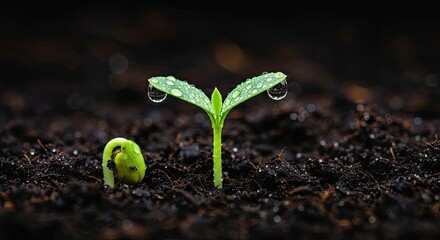 Young plant seedling emerging from dark soil with water droplets