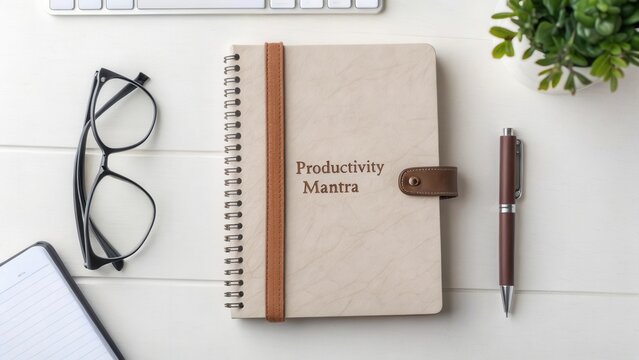 Elegant notebook with productivity mantra, glasses, fountain pen, and plant on white desk for motivational workspace