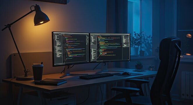 Workspace with dual computer screens and desk lamp at night