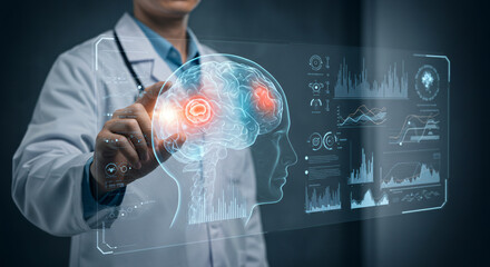 Doctor Interacting with Holographic Screen Displaying Brain Scan, Glioblastoma Tumors, and Medical Data
