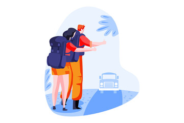 Hitchhiking Couple with Backpacks on Road Against White Background Travel Adventure Transportation Destination Road Trip Tourism Backpacking Vector Illustration