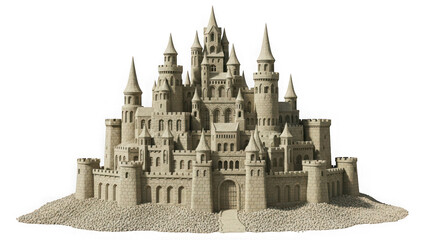 Obraz premium Detailed sandcastle isolated on transparent background, intricate towers and walls