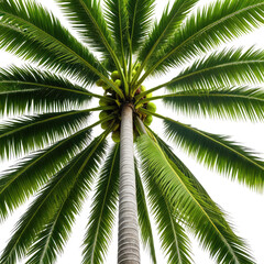 Looking up at a vibrant, tall palm tree with green coconuts