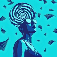 Woman in sunglasses looks up as money rains down, a spiral design above her head, all in shades of blue.