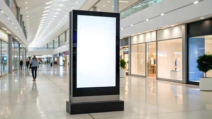 A person walks past a blank advertising display in a modern shopping mall.