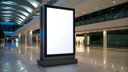 An illuminated blank advertising billboard stands in a modern, spacious interior space with reflective flooring.