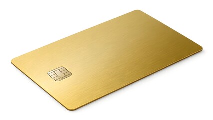 A close-up studio shot of a golden credit card, isolated on white, showing its chip.
