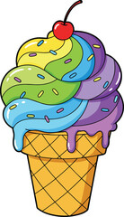 Colorful rainbow ice cream cone with melting scoops, waffle cone dessert, summer treat, sweet food illustration, vibrant sprinkles, cherry topping, playful whimsical artwork design