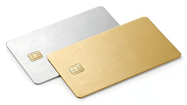 Two blank credit cards, one gold and one silver, with visible EMV chips, resting on a white surface.