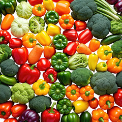 Colorful bell peppers, broccoli, and carrots are arranged tightly
