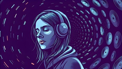 Woman with headphones listening to music, eyes closed, with a swirling record background.