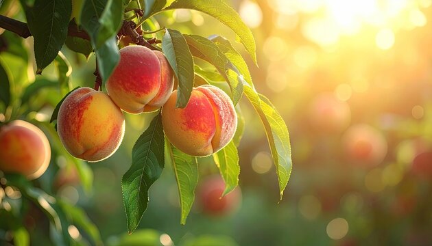 Ripe Peaches on Tree with Dew Drops Against Warm Sunlight