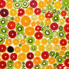 Vibrant fruit slices pattern featuring various citrus and kiwi fruits