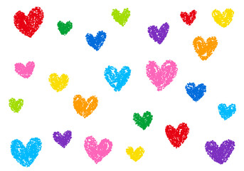 クレヨン素材　ランダムなハート柄の背景