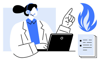 Professional woman in headset pointing upward while using a laptop, flame symbol, and documents suggesting safety, communication, guidance. Ideal for support, safety, training, service teamwork